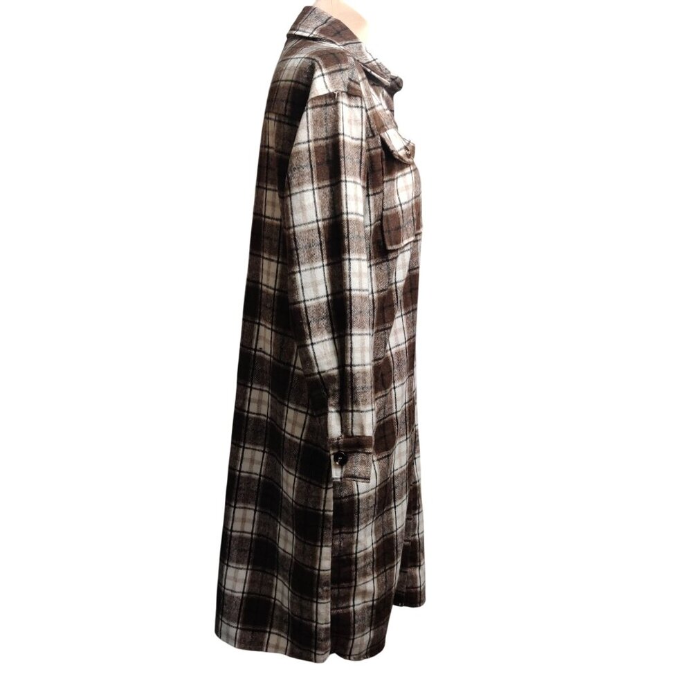 Camellia M Brown Plaid Longline Shirt Jacket Chest Pockets Button Front Shacket - Picture 9 of 9